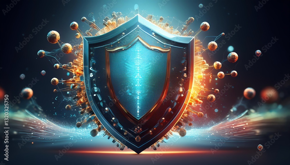 Fototapeta premium A vibrant, digital shield bursts with energy, surrounded by colorful particles, symbolizing protection and strength in a futuristic design.