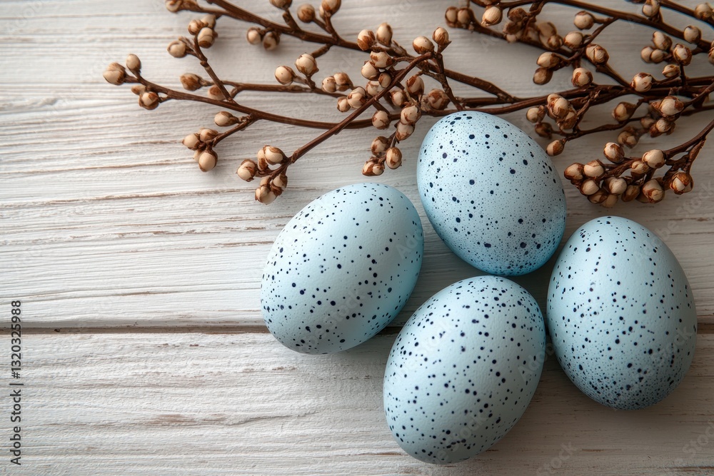 Obraz premium Easter Eggs and Willow Branches Flat Lay on White Wooden Background in Pastel Colors