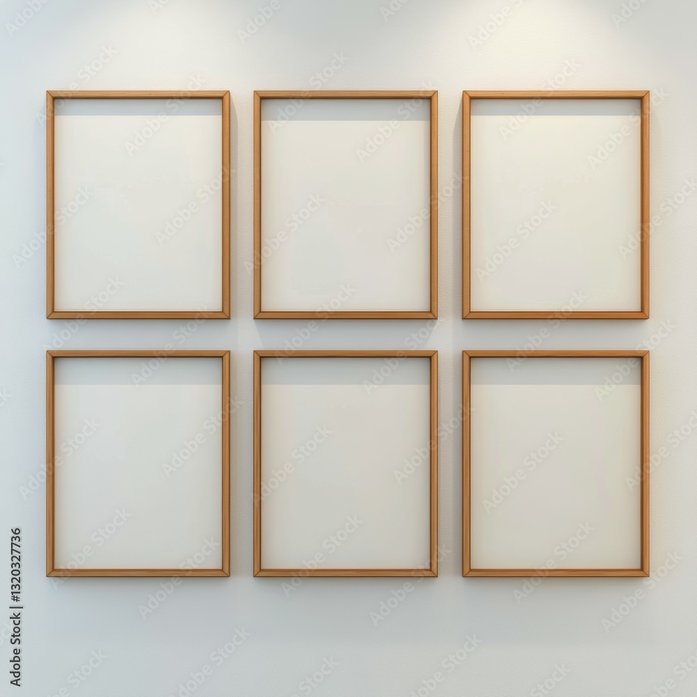 Fototapeta premium Six Blank Wooden-Framed Posters Arranged in a Grid on a Minimalistic White Wall, Ideal for Art or Design Displays