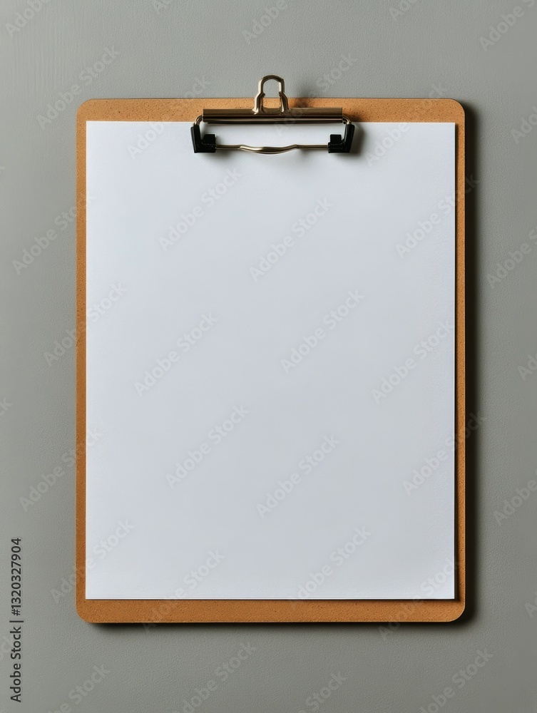 Wooden Clipboard with a Blank Sheet of Paper on a Gray Background Wooden Clipboard with a Blank Sheet of Paper on a Gray Background