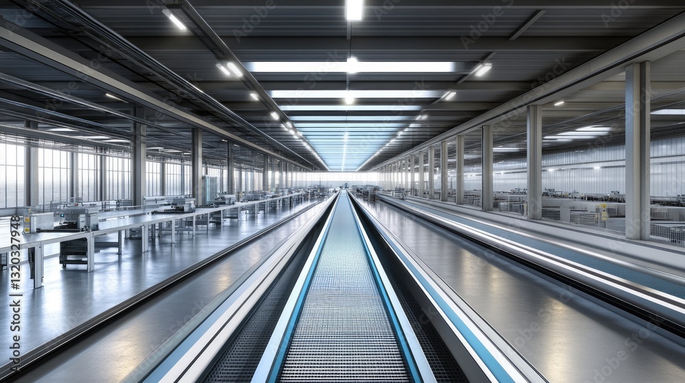 Obraz premium High-tech mechanical assembly line with robotic automation in a factory setting.