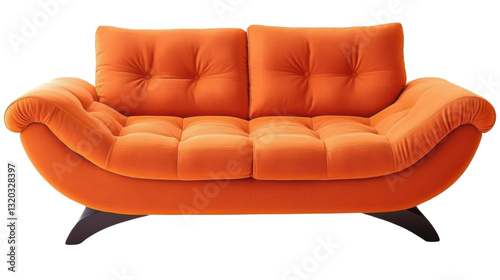 orange velvet button tufted sofa on transparent background
