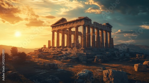 A majestic ancient temple stands during a colorful sunset in nature