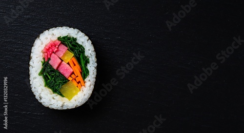 Fototapeta Naklejka Na Ścianę i Meble -  鮮やか野菜彩る韓国海苔巻き 黒背景映える美食写真