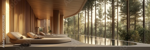 Serene spa pool lounge chairs forest view AI generated
