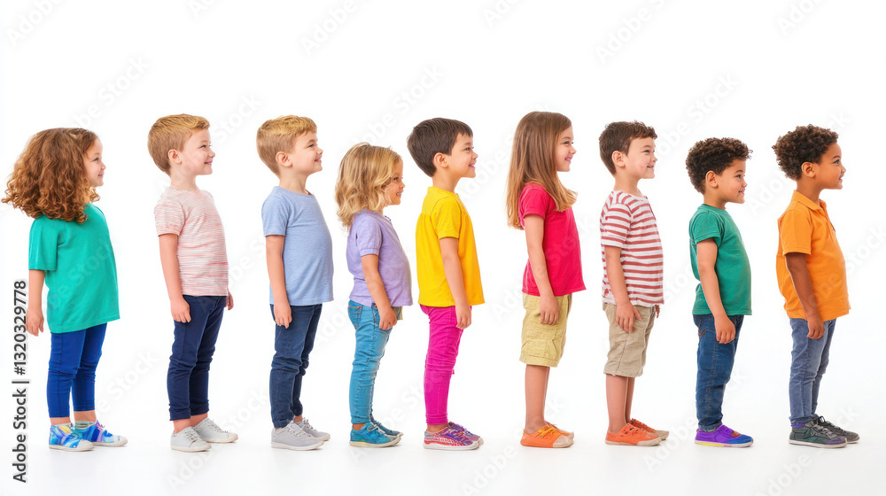 Obraz premium A diverse group of children standing in a line, showcasing different hairstyles and outfits, with a bright white background emphasizing their cheerful expressions