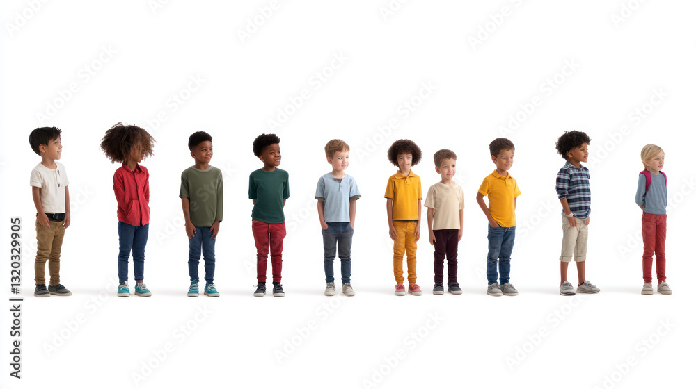 Obraz premium A diverse group of children standing in a line, showcasing various expressions and outfits against a plain white background, ideal for educational or marketing use