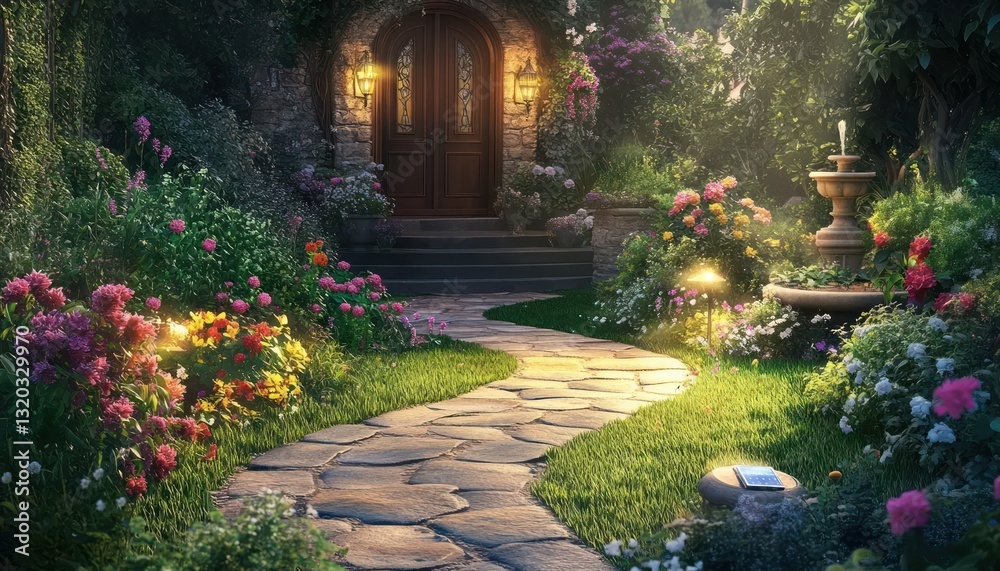 Fototapeta premium A flagstone home pathway winds through a vibrant garden to the door 1. Generative AI