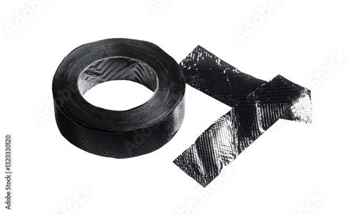 black adhesive tape roll and pieces on white background