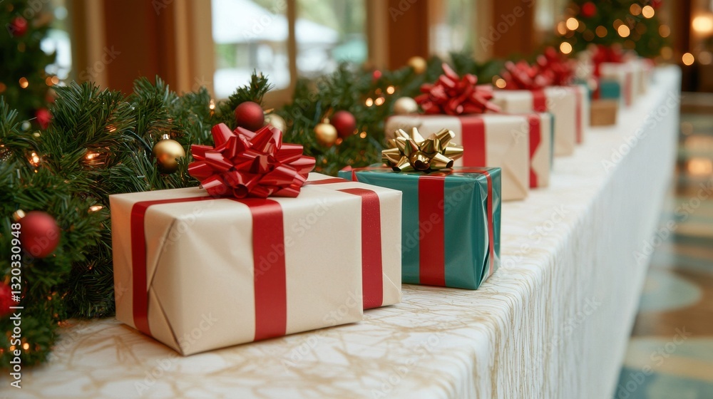 A festive display of beautifully wrapped Christmas presents adorned with ribbons and bows, set against a backdrop of holiday decorations. A festive display of beautifully wrapped Christmas presents adorned with ribbons and bows, set against a backdrop of holiday decorations.