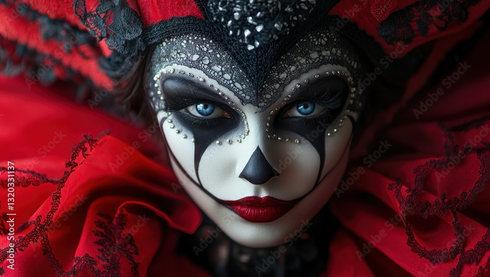 enigmatic harlequin portrait with striking face paint and ornate crimson attire and sparkling gemstones enigmatic harlequin portrait with striking face paint and ornate crimson attire and sparkling gemstones