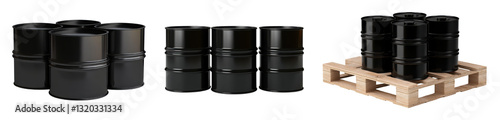 black metal barrels 3d render isolated on white background
