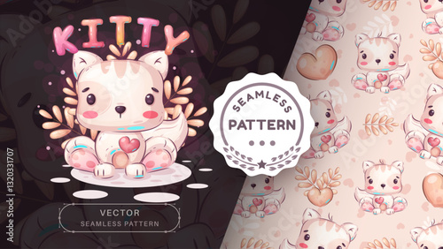 Seamless pattern cartoon character adorable kitty with heart, pretty animal idea for print t-shirt, poster and kids envelope, postcard. Cute hand drawn style cat