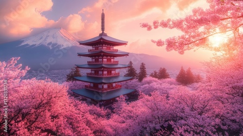 A beautiful pagoda surrounded by blooming pink cherry blossom trees
