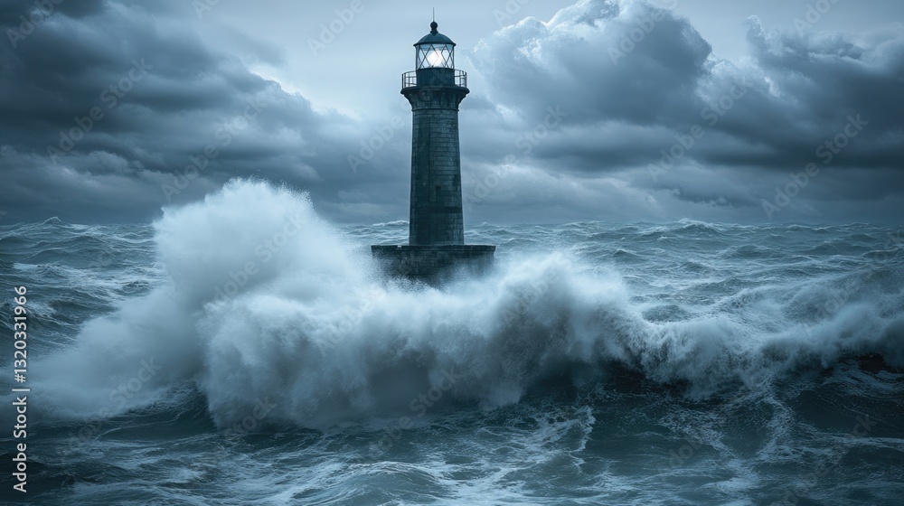 A tall lighthouse withstands violent waves during a powerful storm at sea A tall lighthouse withstands violent waves during a powerful storm at sea