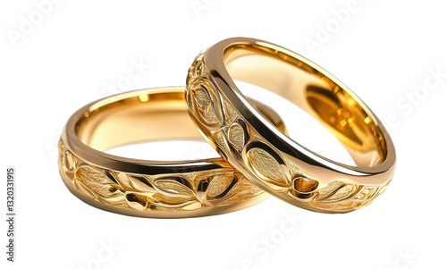 gold wedding rings with engraved floral design on white background