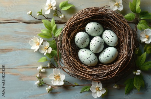 Rustic Still Life with Bird's Nest, Speckled Eggs, Green Leaves and White Flowers on Wooden Background