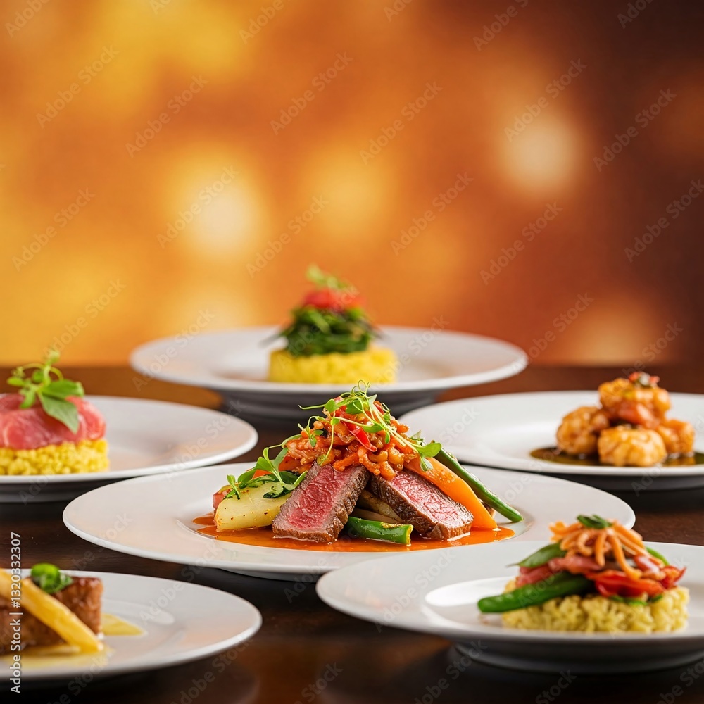 Gourmet Tasting Plates: A meticulously arranged collection of exquisite, multi-course gourmet tasting plates, showcasing culinary artistry. Gourmet Tasting Plates: A meticulously arranged collection of exquisite, multi-course gourmet tasting plates, showcasing culinary artistry.