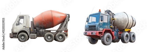 cement mixer trucks on white background, two industrial vehicles, side view