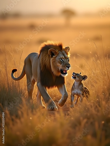 African lion stalking its prey through the tall savannah grass, showcasing predatorprey interaction, Wildlife in Natural Habitat, editorial shot, empty copy space for text on side photo