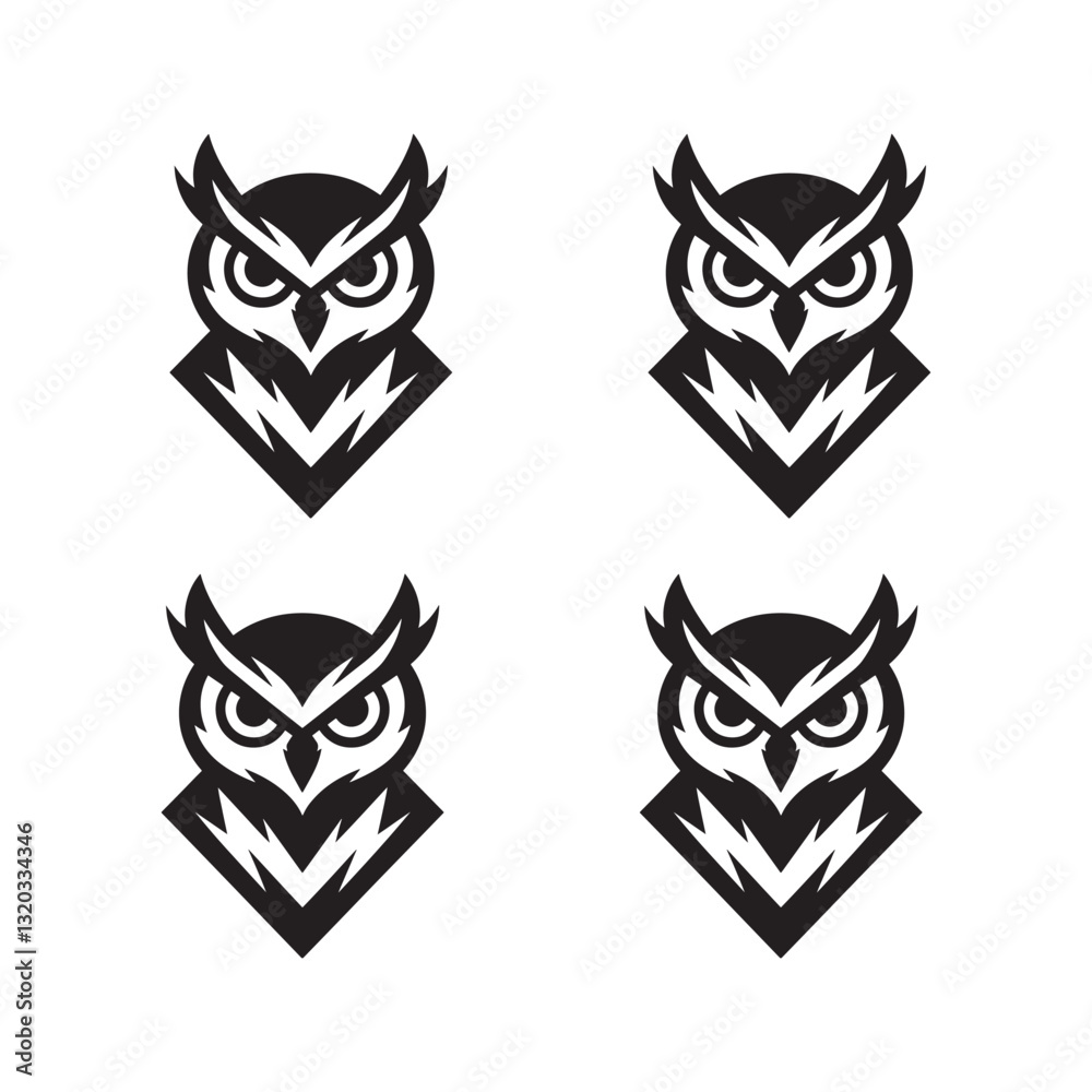 Set of black and white owl tattoo design with tribal elements and symbols Set of black and white owl tattoo design with tribal elements and symbols