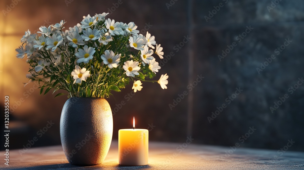 Obraz premium Urn candle and blooms on black backdrop