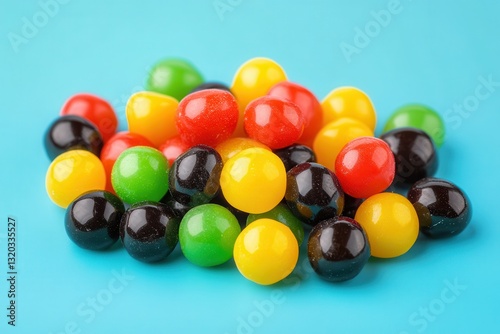 A pile of colorful round candies on blue. Perfect for food, confectionery, or sweets concepts.