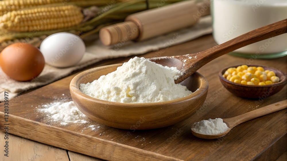Baking Essentials: A close-up of ingredients in a warm kitchen setting shows the essence of creating food. The ingredients include flour, eggs, milk, grains, and a rolling pin. Baking Essentials: A close-up of ingredients in a warm kitchen setting shows the essence of creating food. The ingredients include flour, eggs, milk, grains, and a rolling pin.