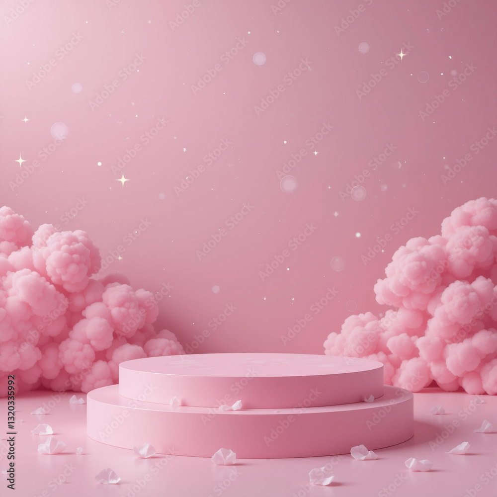Blank Contemporary pink Stone Podium, front view focus, with pink cloud Background, ideal for eco-friendly and skincare product displays