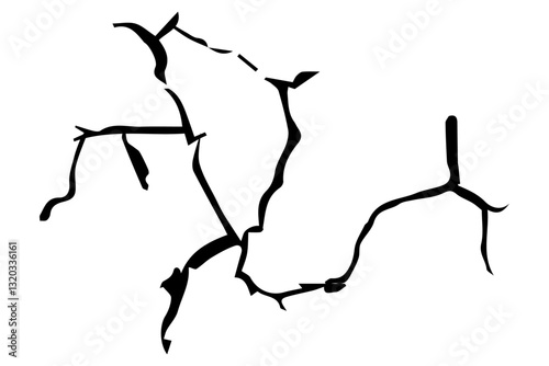 Cracks and scratches. Black cracked branched lines on white surface. Broken damaged wall, fissures and holes in ground or concrete. Vector dry land crack texture for overlay. earthquake