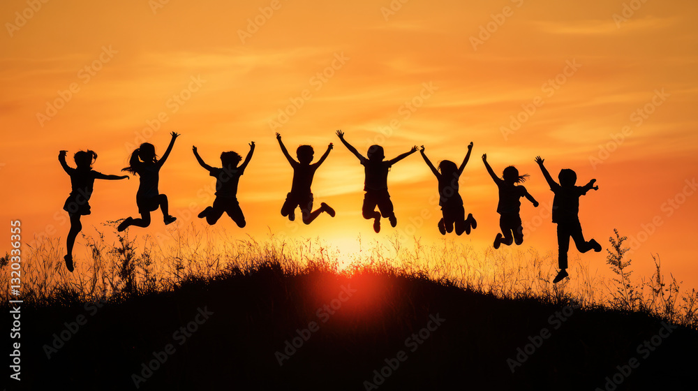 © Lucky Stock - A group of children joyfully jumping on a hill during sunset, silhouetted against a vibrant orange sky, capturing a moment of carefree happiness and freedom