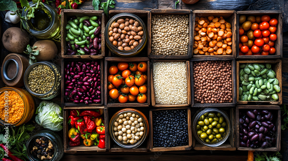 custom made wallpaper toronto digitalCulinary Showcase: A vibrant array of fresh produce, nuts, seeds, and grains, meticulously arranged in wooden boxes, presenting a symphony of colors and textures.