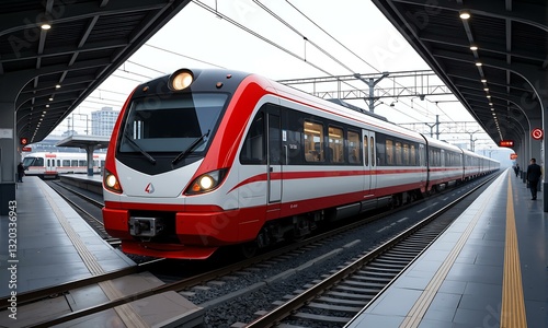 A red and white train pulling into station.