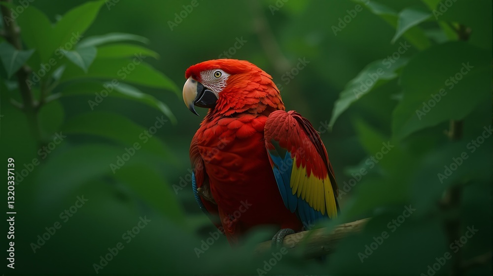 Fototapeta premium A red macaw parrot sitting on a tree branch.