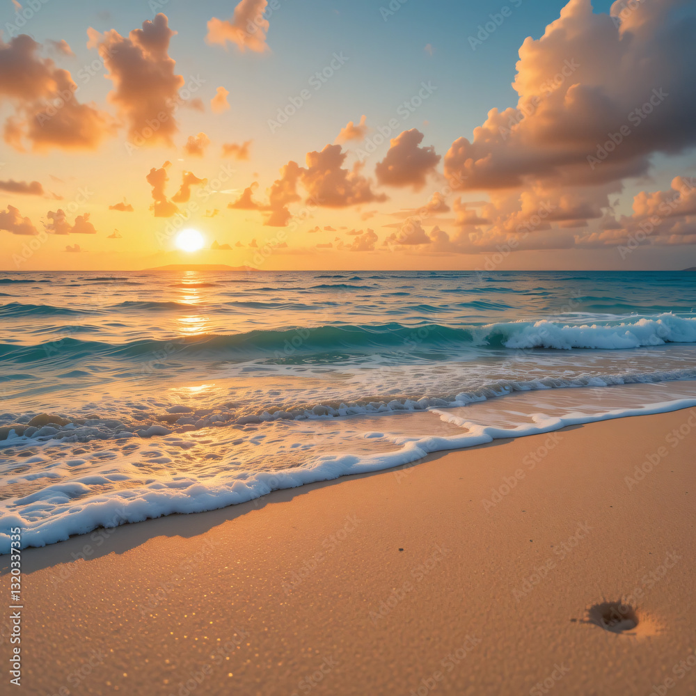 Ocean Waves Crashing on Sandy Beach at Sunset with Colorful Clouds Ocean Waves Crashing on Sandy Beach at Sunset with Colorful Clouds