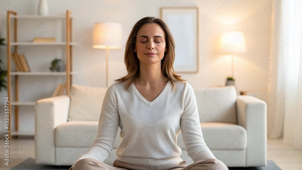 A woman meditates peacefully in a cozy living room, embodying tranquility and mindfulness. A woman meditates peacefully in a cozy living room, embodying tranquility and mindfulness.