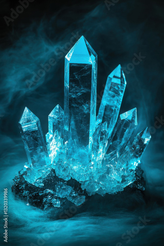Luminous blue crystals emitting an ethereal glow amidst a mystical, foggy setting.