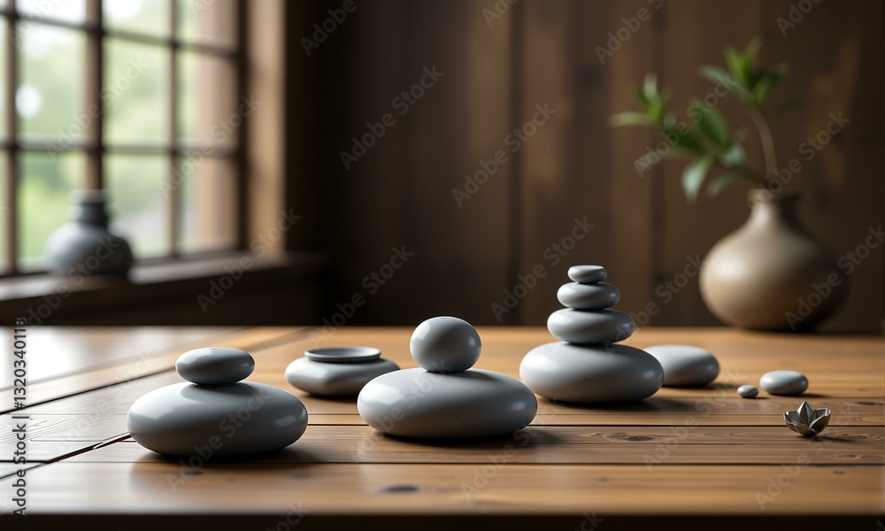 A table with some stones. There is also a vase and pot plants in this image. The background consists of wood wall paneling. In one window there are green trees visible through it. A table with some stones. There is also a vase and pot plants in this image. The background consists of wood wall paneling. In one window there are green trees visible through it.