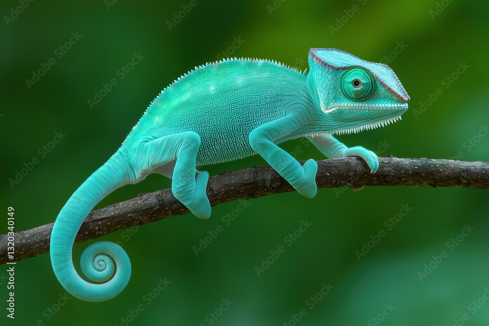 Fototapeta premium Light turquoise chameleon in profile view perched on a branch against a soft green bokeh background in its natural environment
