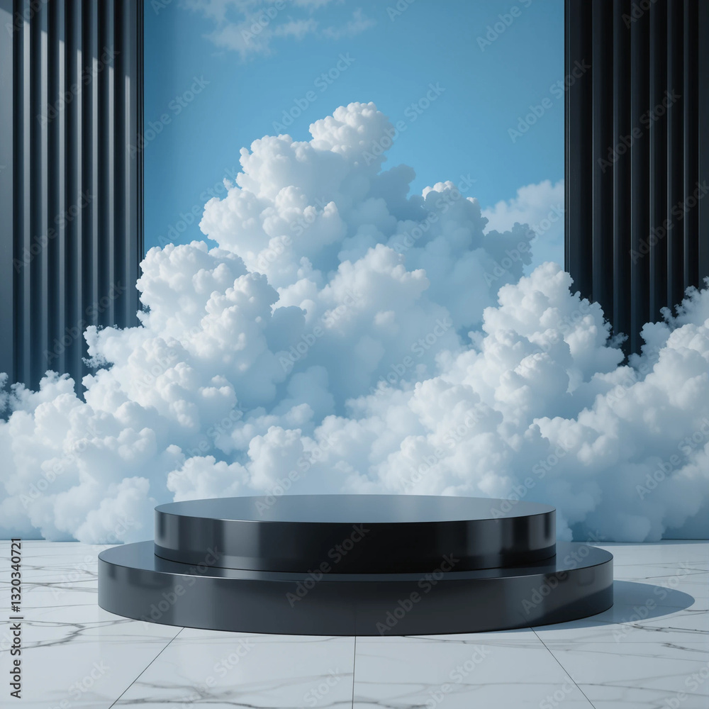 Blank Contemporary black luxury Podium, front view focus, with blue cloud Background, ideal for luxury and skincare product displays