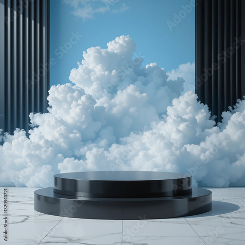 Blank Contemporary black luxury Podium, front view focus, with blue cloud Background, ideal for luxury and skincare product displays