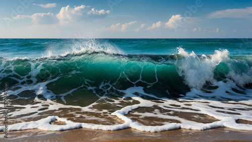 Wallpaper Mural Powerful Ocean Wave Cresting Along the Beach Shoreline in Vibrant Blue Colors Torontodigital.ca