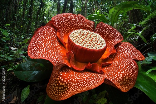 Giant rafflesia flower with textured red petals and white spots blooming in a lush green rainforest environment

