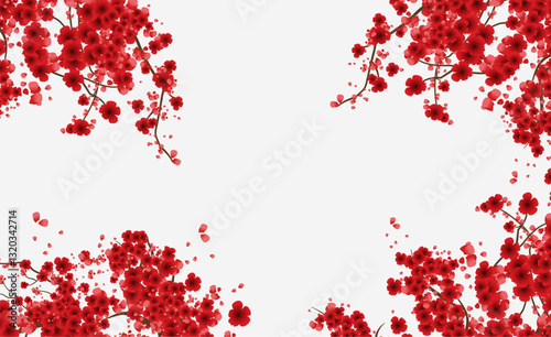 Frame of Red cherry blossom background pattern, spring time red sakura blossom.