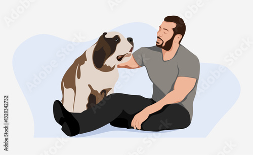 Flat illustration Man and his dog has friend relationship, man caress his dog gently with hand isolated white background