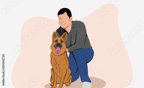 Flat illustration Man and his dog has friend relationship, man caress his dog gently with hand isolated white background