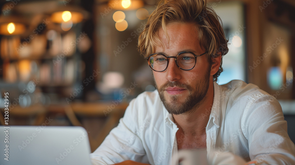 Fototapeta premium A businessman is working on laptop in the office. A student wearing glasses is studying and researching in his room
