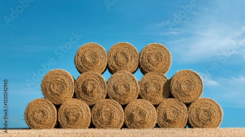 Bales of Hay Stacked Under Clear Blue Sky on Farm Field in Golden Landscape