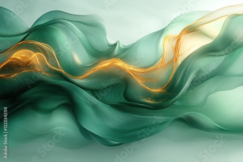 Abstract Fluid Art in Green and Gold with Glowing Light and Dynamic Composition