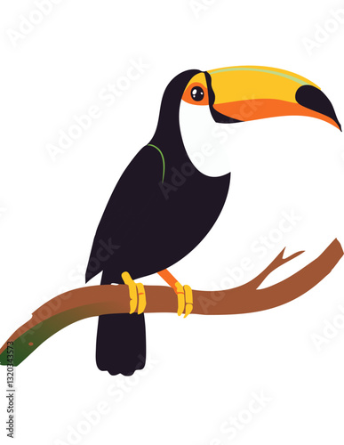 A sleek vector illustration of a toucan perched on a branch, featuring its iconic large yellow and black beak with a minimalist design.

